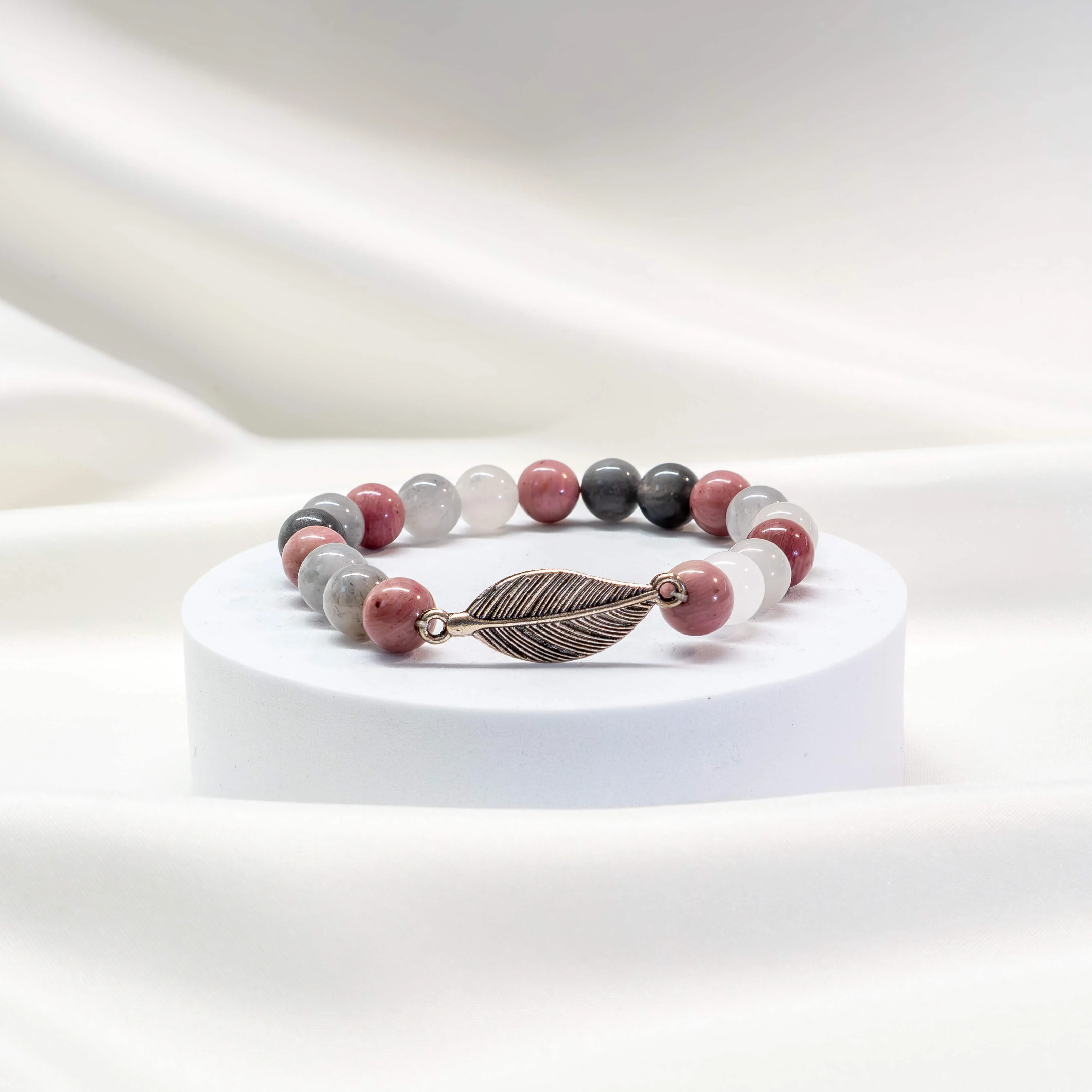 Mala Armband Rhodonit/grauer Quarz mit Feder - Image 3