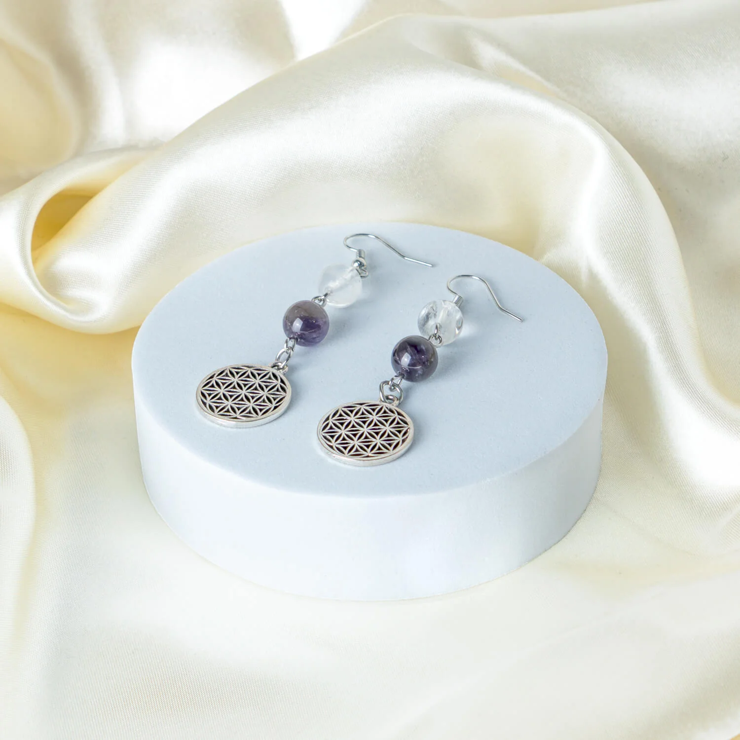 Ohrringe Bergkristall/Amethyst mit Blume des Lebens - Image 2